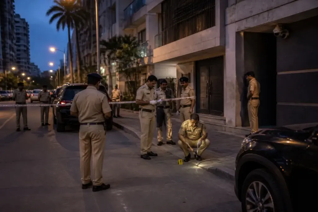 Police investigate the Tiger Shroff firing incident near Juhu in Mumbai.