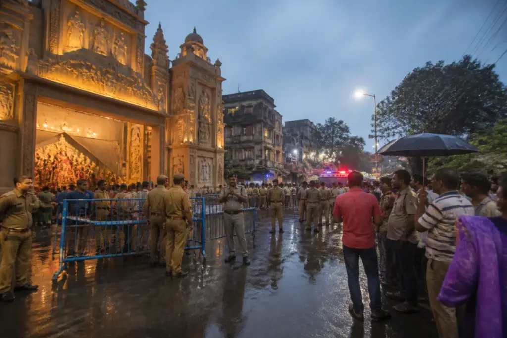 Kolkata Durga Puja stampede site near a crowded pandal cordoned off by police