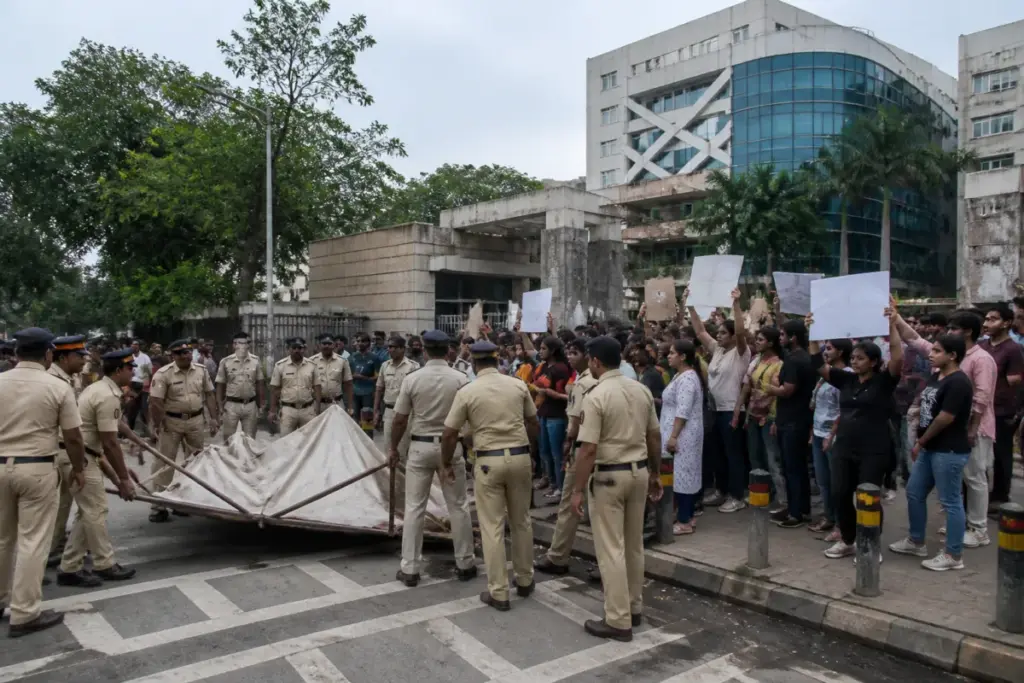 IIT Bombay student death case protest outside the Powai campus as police detain demonstrators.