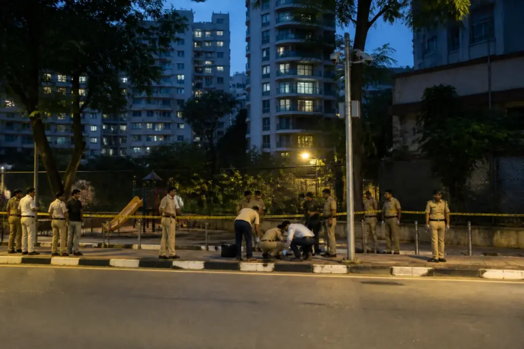 Mumbai Juhu firing investigation near a public playground with police vehicles and forensic teams