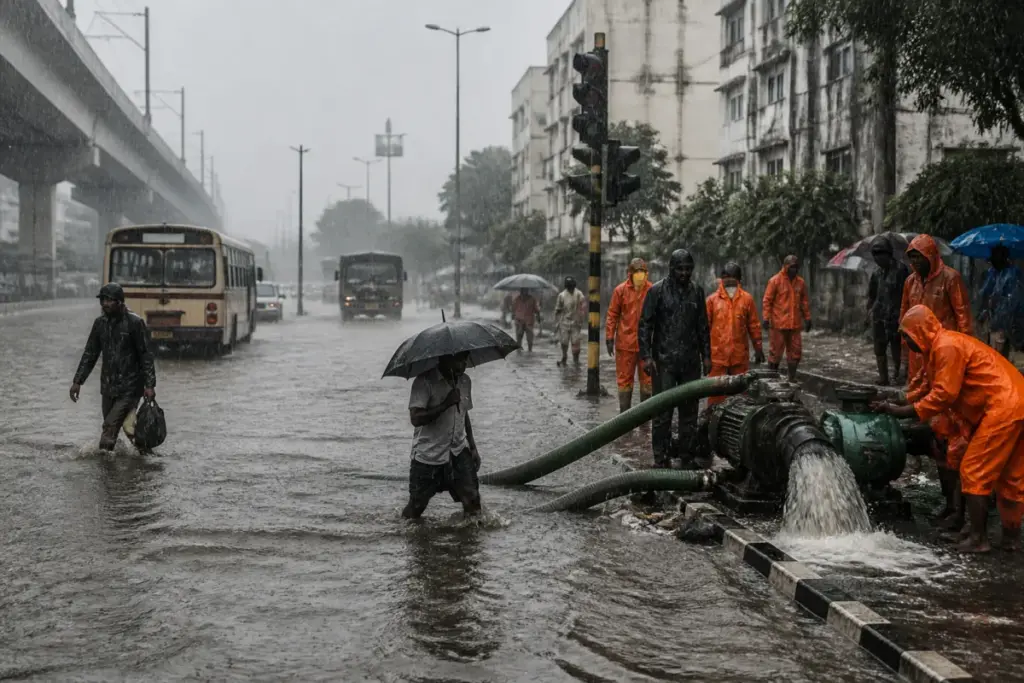 Chennai red alert rainfall flooding a city street near a busy urban corridor