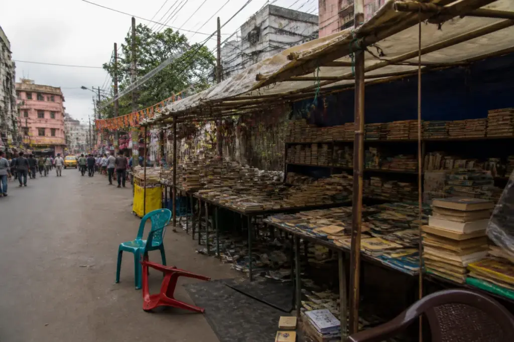 Barrackpore book stalls near a busy Kolkata-area public market