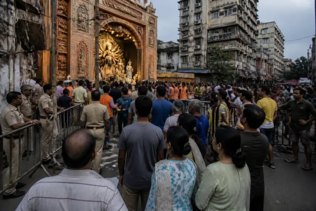 Chorbagan stampede aftermath near a crowded Kolkata puja pandal