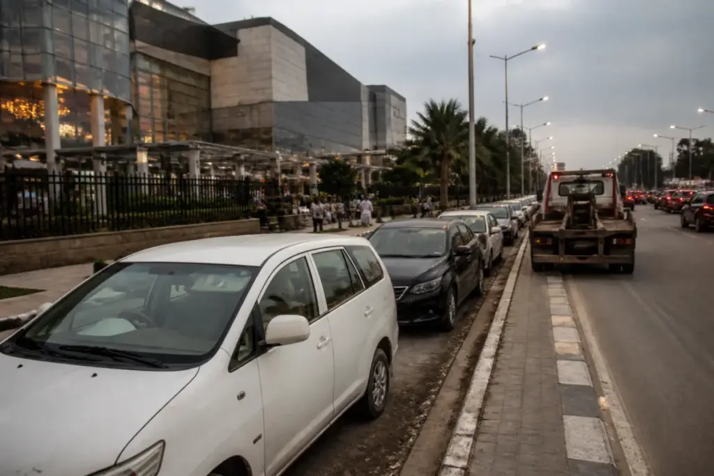 Noida parking racket allegation outside DLF Mall with cars parked along a busy urban road