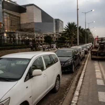Noida parking racket allegation outside DLF Mall with cars parked along a busy urban road