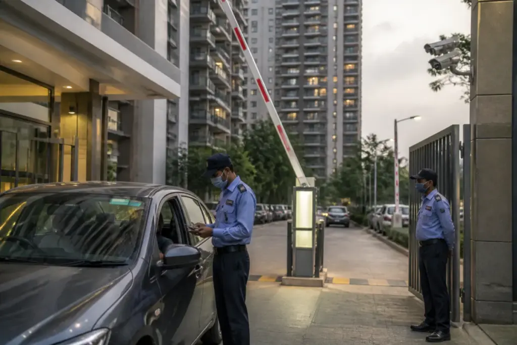 Noida high-rise society security gate with guards checking vehicles