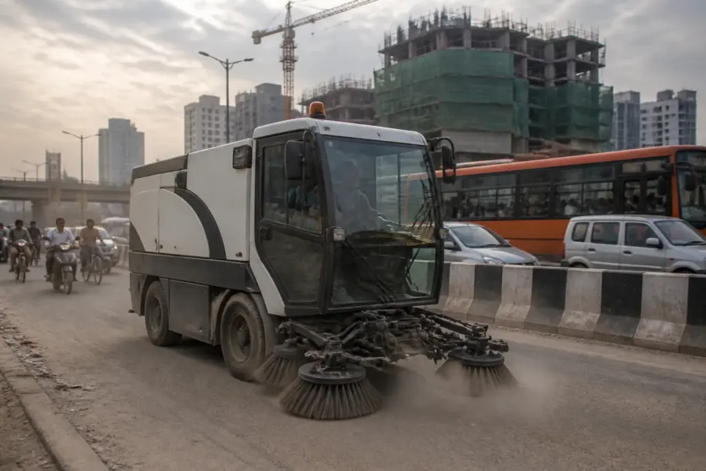 Delhi NCAP spending on road dust control beside a busy, polluted city road