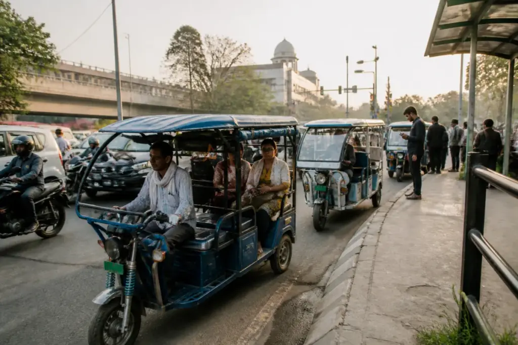 Delhi e-rickshaw cap proposal covering e-rickshaws on a busy city road