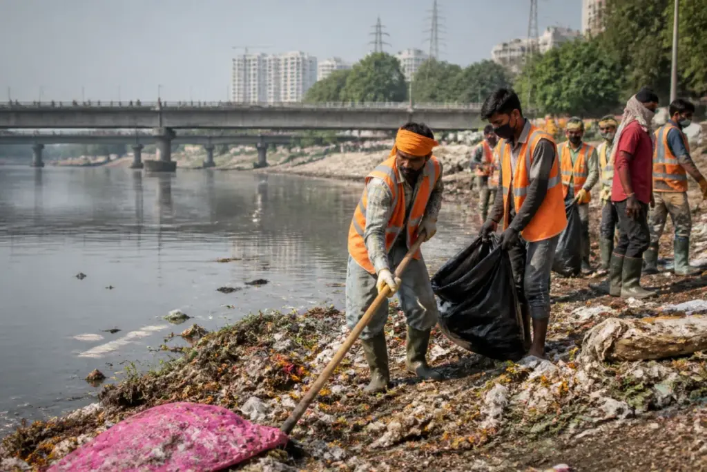 Yamuna cleanup drive at Delhi’s ITO ghat with volunteers removing waste from the riverbank