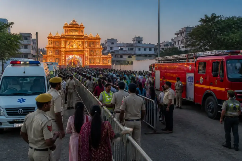Delhi religious event security at a crowded festival venue with barricades and emergency vehicles