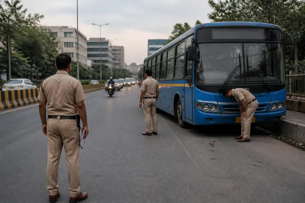 Delhi DTC bus near Vasant Kunj road after a fatal motorcycle crash