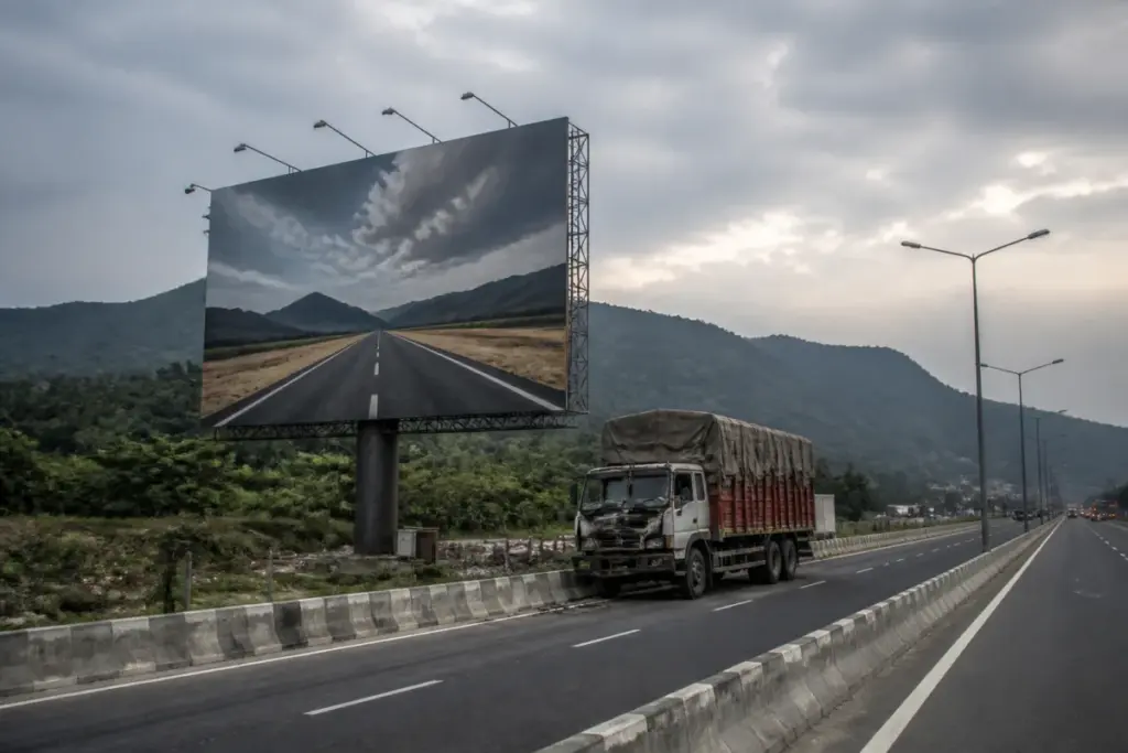Delhi-Dehradun Expressway hoarding beside a high-speed road