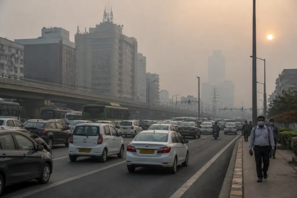 Delhi AQI pollution haze over a busy ITO road with traffic and muted visibility