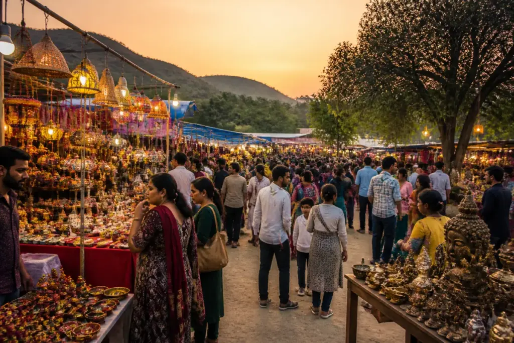 Surajkund Diwali Mela craft stalls and festive shoppers at the Faridabad fairground