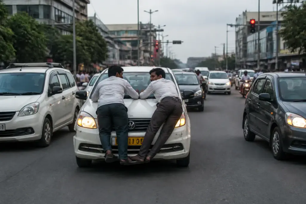 Noida cab driver incident on a busy Sector 18 road with traffic slowing around a moving car