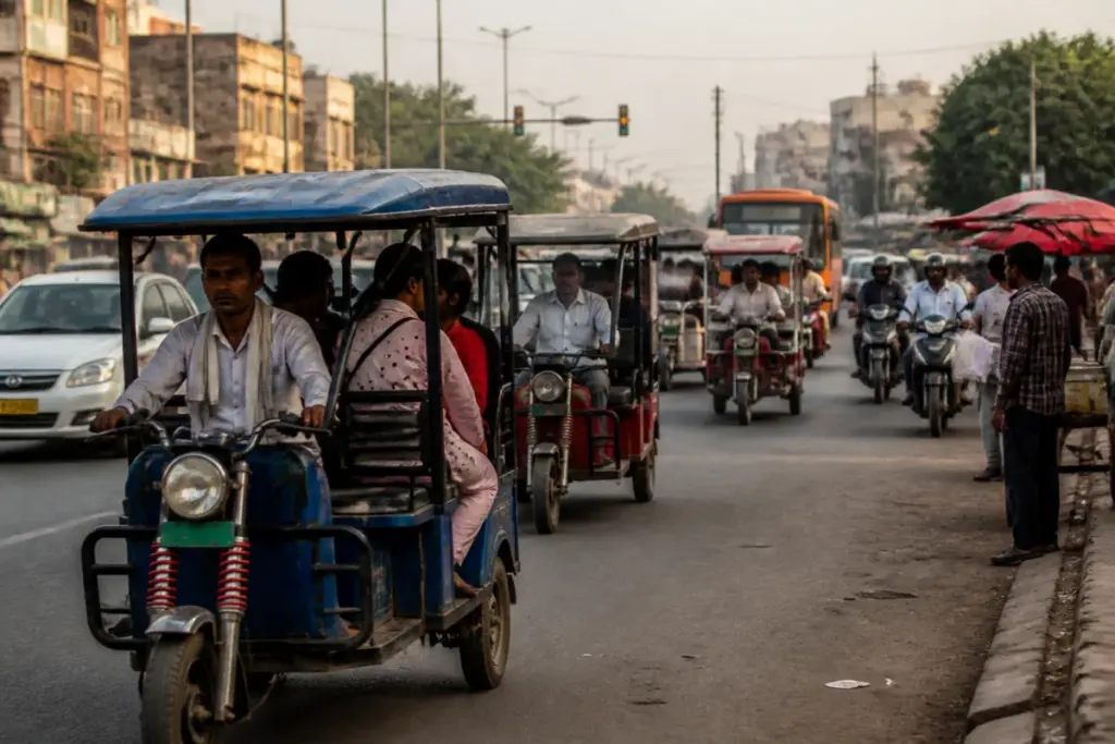 Delhi e-rickshaw cap proposal shown through e-rickshaws operating on a busy city road
