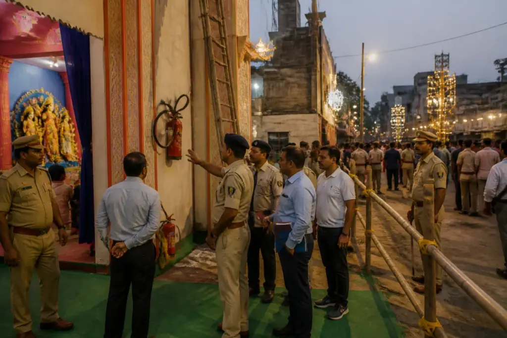 UP Durga Puja pandal safety checks at a crowded festival venue with emergency exits and police oversight
