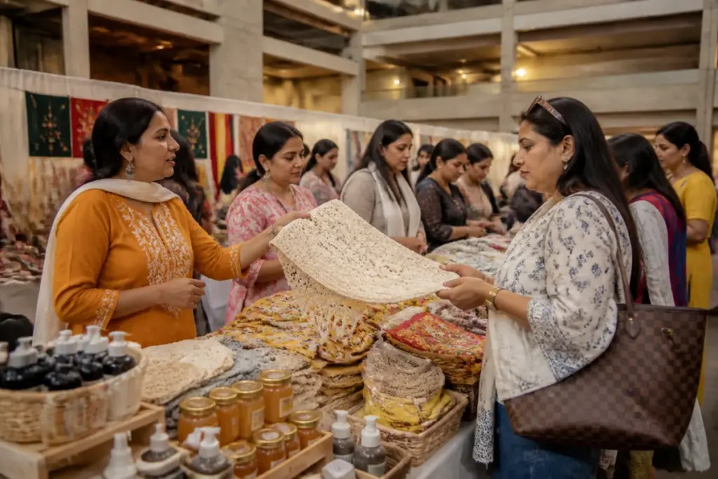 Women-led self-help groups displaying handmade products at Amrita Haat in Jaipur