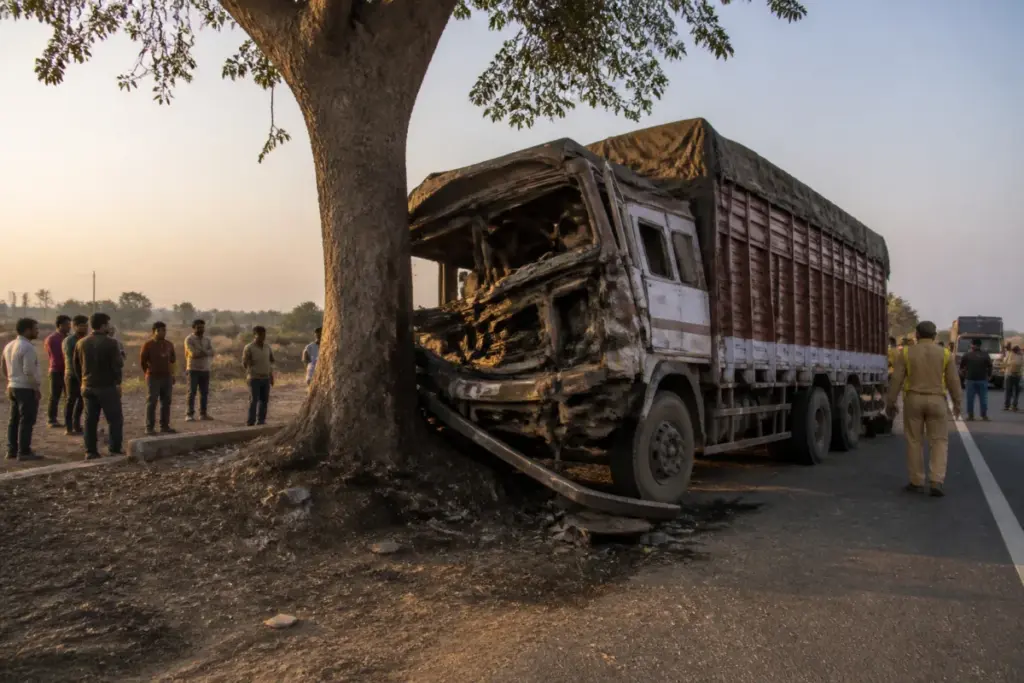 Sikar truck accident site showing a damaged truck near a roadside tree on a bypass