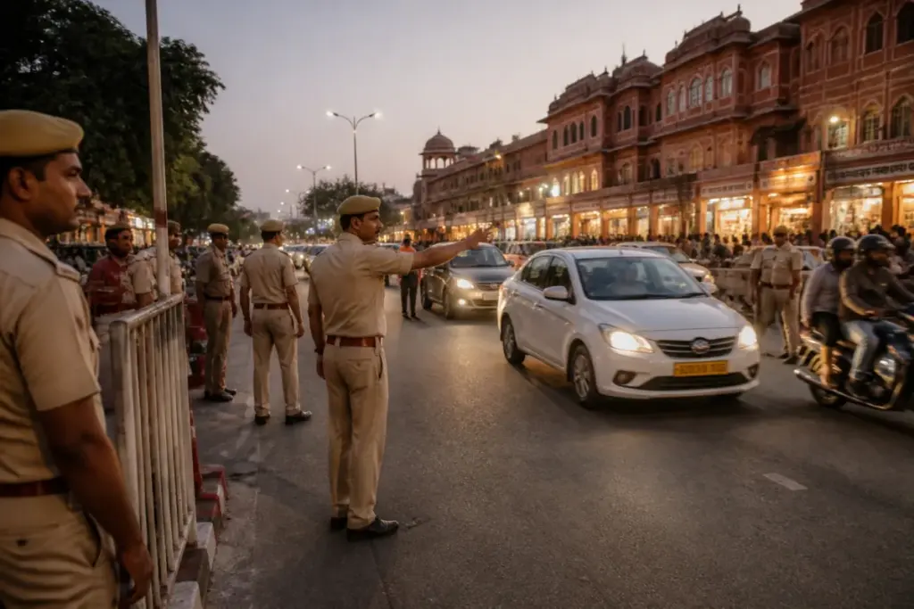 Jaipur Diwali security deployment with police managing traffic near a busy city market
