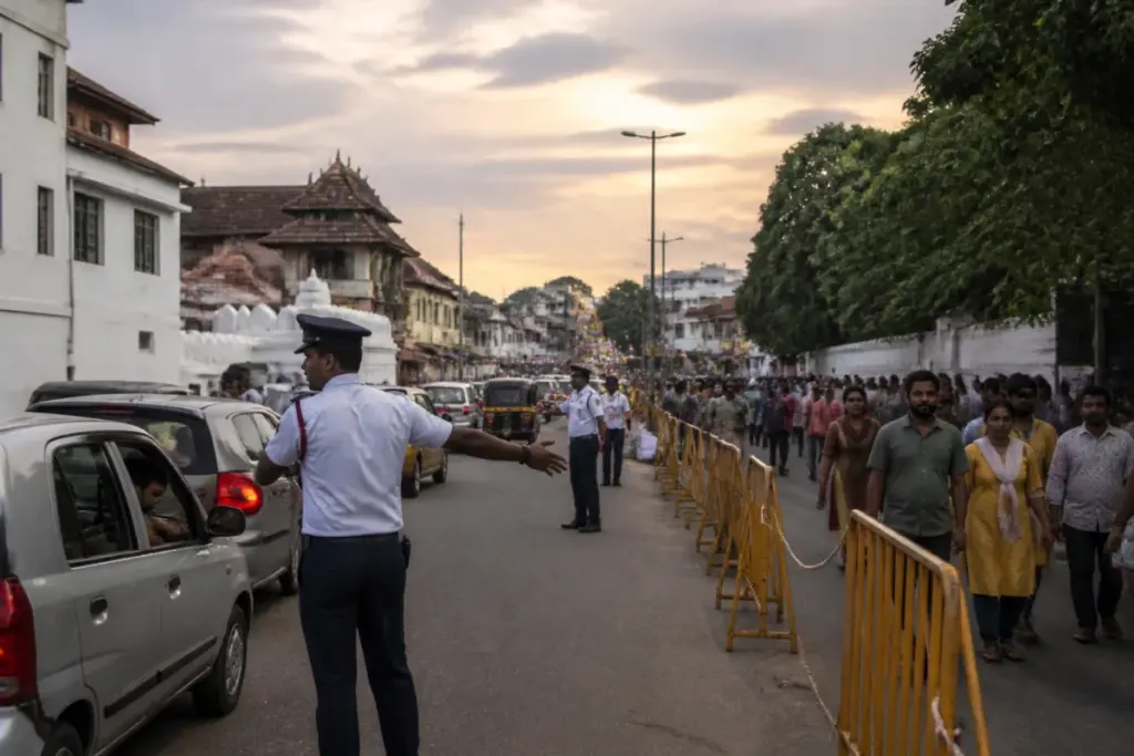 Thiruvananthapuram traffic restrictions near a procession route with diverted vehicles and city roads