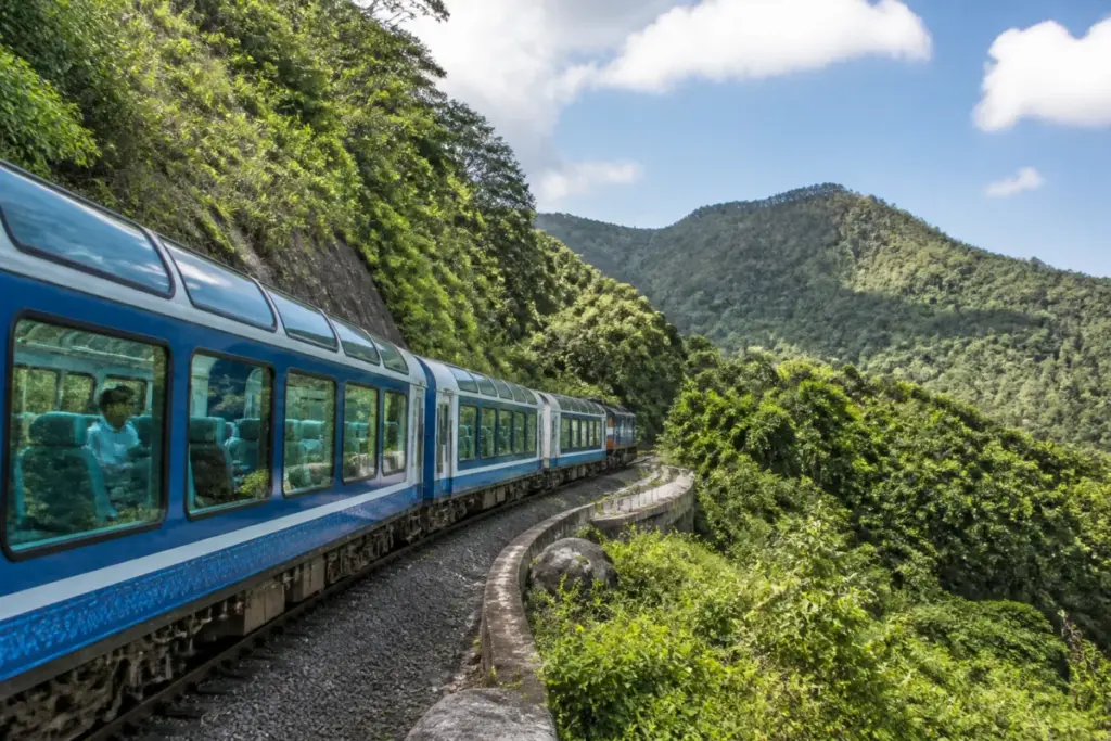 Vistadome coach travelling through the forested ghat section near Kollam