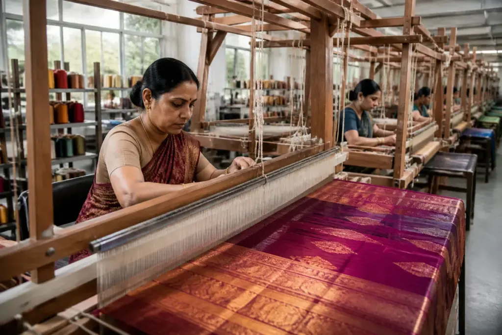 Dhapewada silk sarees displayed during a handloom promotion event in Nagpur