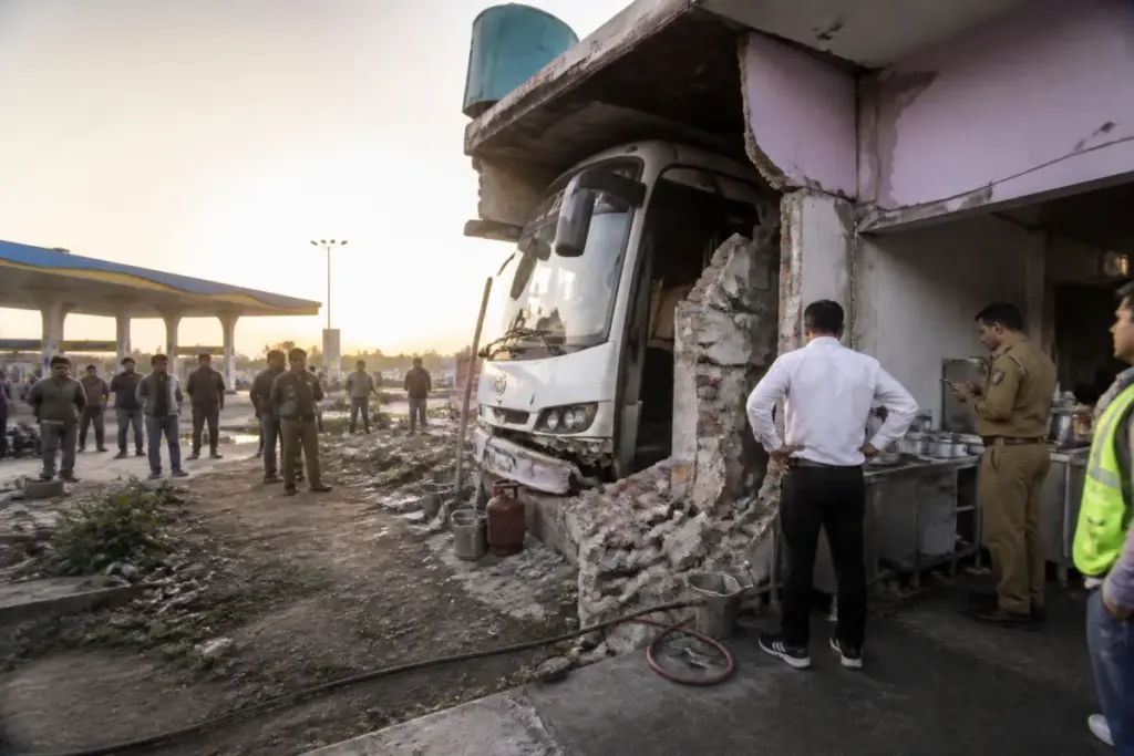 Indore bus crash damage at a roadside dhaba on Dhar Road