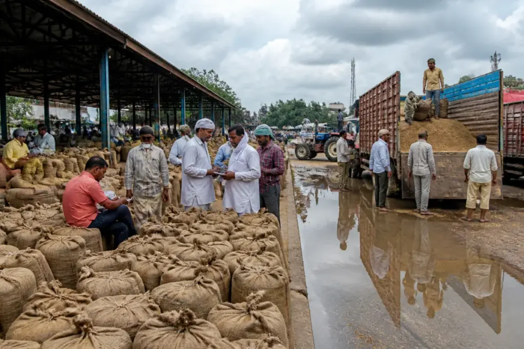 Haryana paddy procurement at a grain mandi with farmers and stored sacks