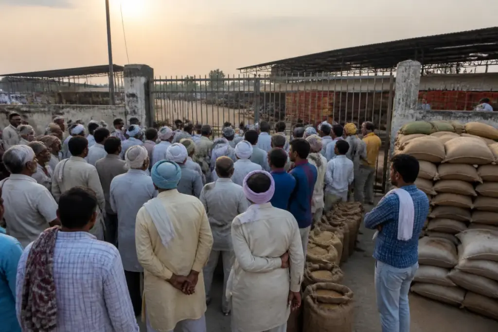 Paddy procurement delay protest at a grain market in Tohana, with farmers gathered near the mandi gate.