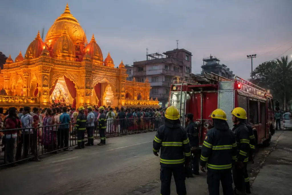 Patna Durga Puja pandal with firefighters and emergency vehicles positioned nearby