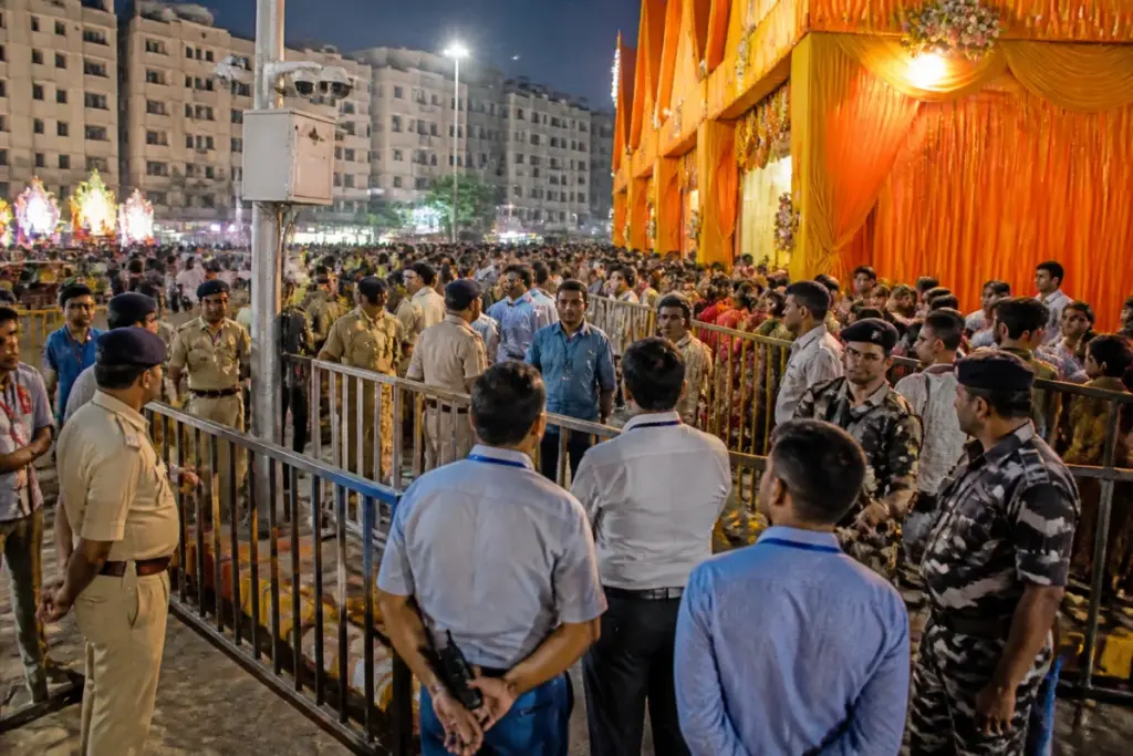Bihar Durga Puja security personnel managing crowds near a decorated pandal in Patna