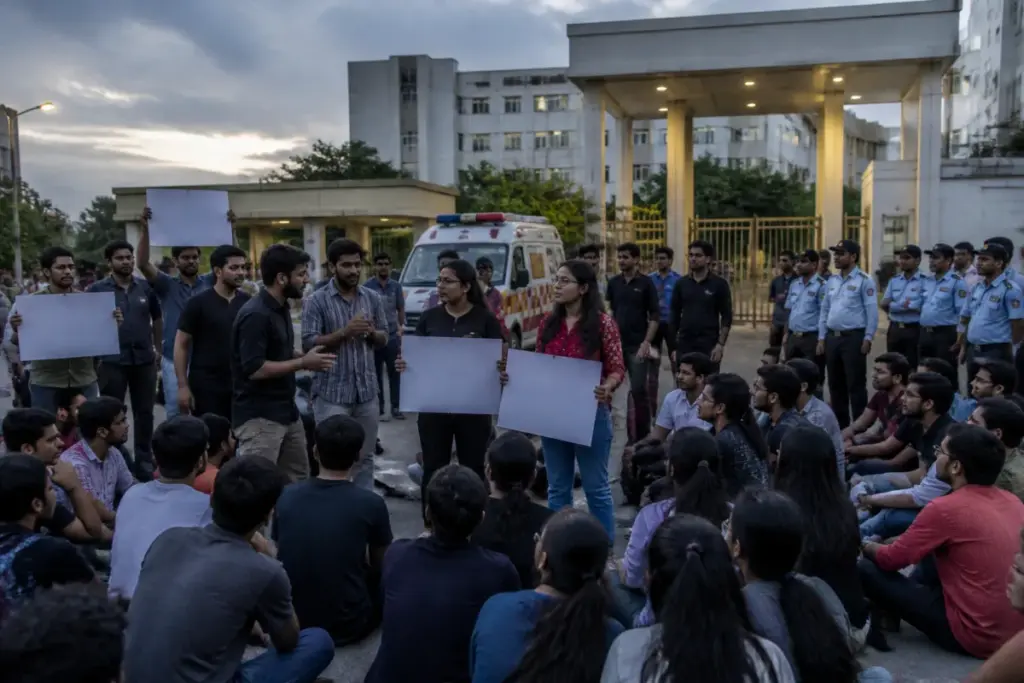 Students protesting outside an engineering college after the MVSR Dandiya event safety incident