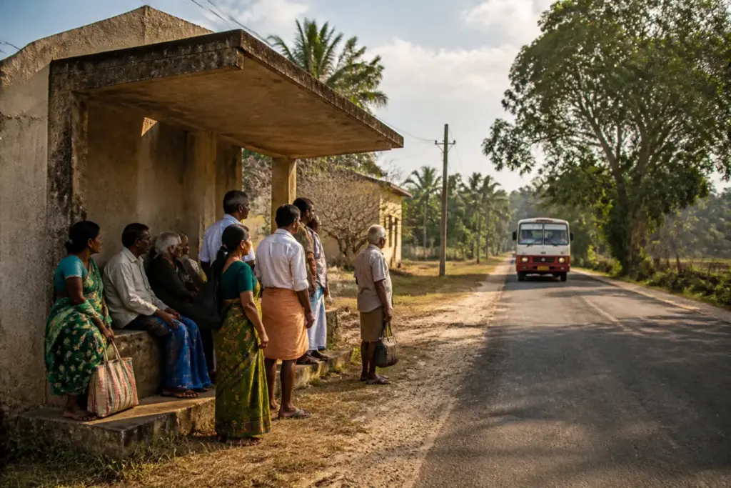 Rural bus shelter planning in Karnataka for passengers waiting near a village road