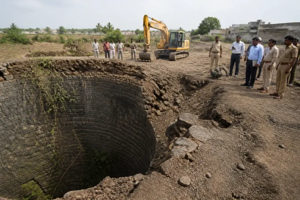 Baramati well collapse site during excavation near a rural Maharashtra settlement