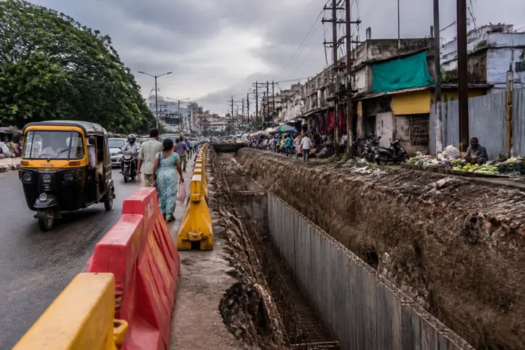 Yerawada drainage pit beside a busy Pune road with temporary barricades and traffic