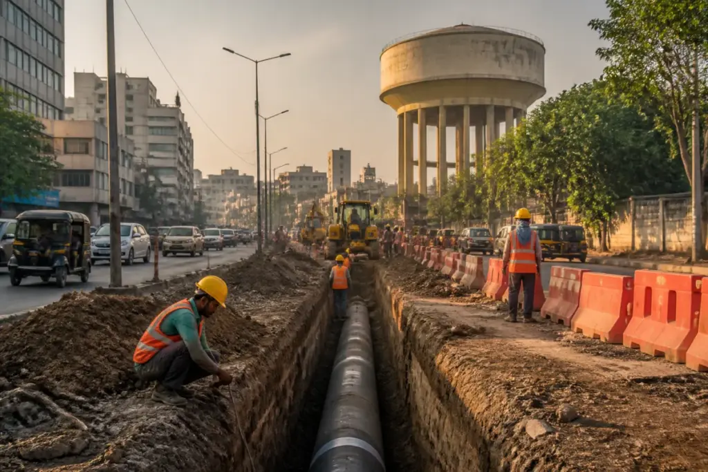 Pune equal water supply scheme pipeline and water tank infrastructure in an urban neighbourhood