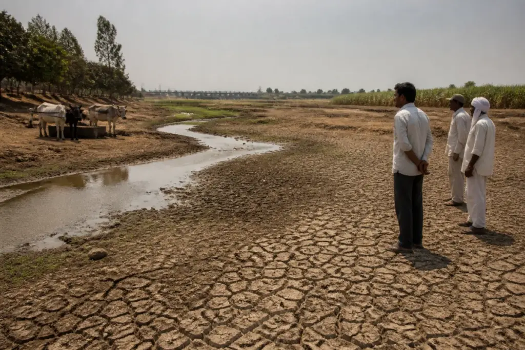 Ujani dam water shortage leaves the Bhima Riverbed dry near Maharashtra farms