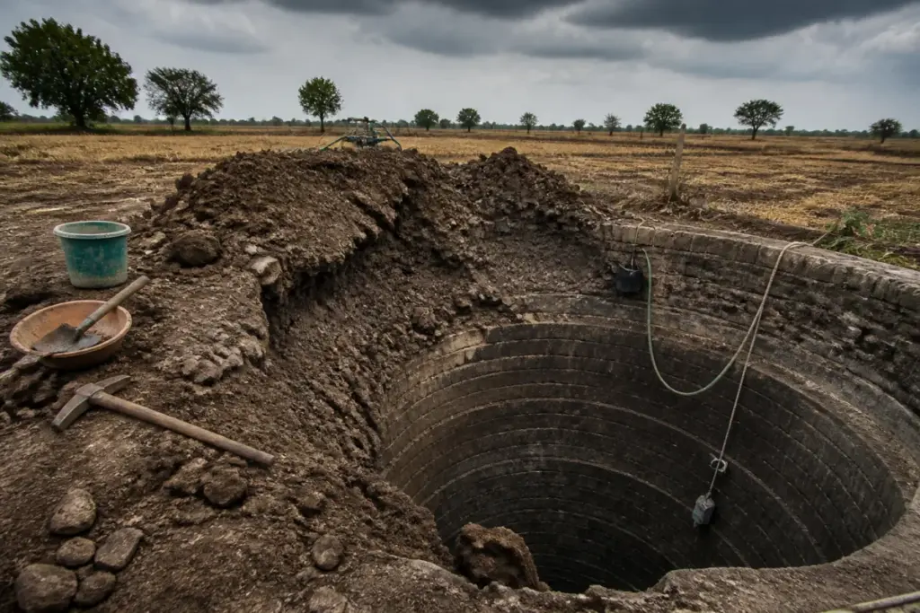 Baramati well collapse site during rural well desilting work in Maharashtra