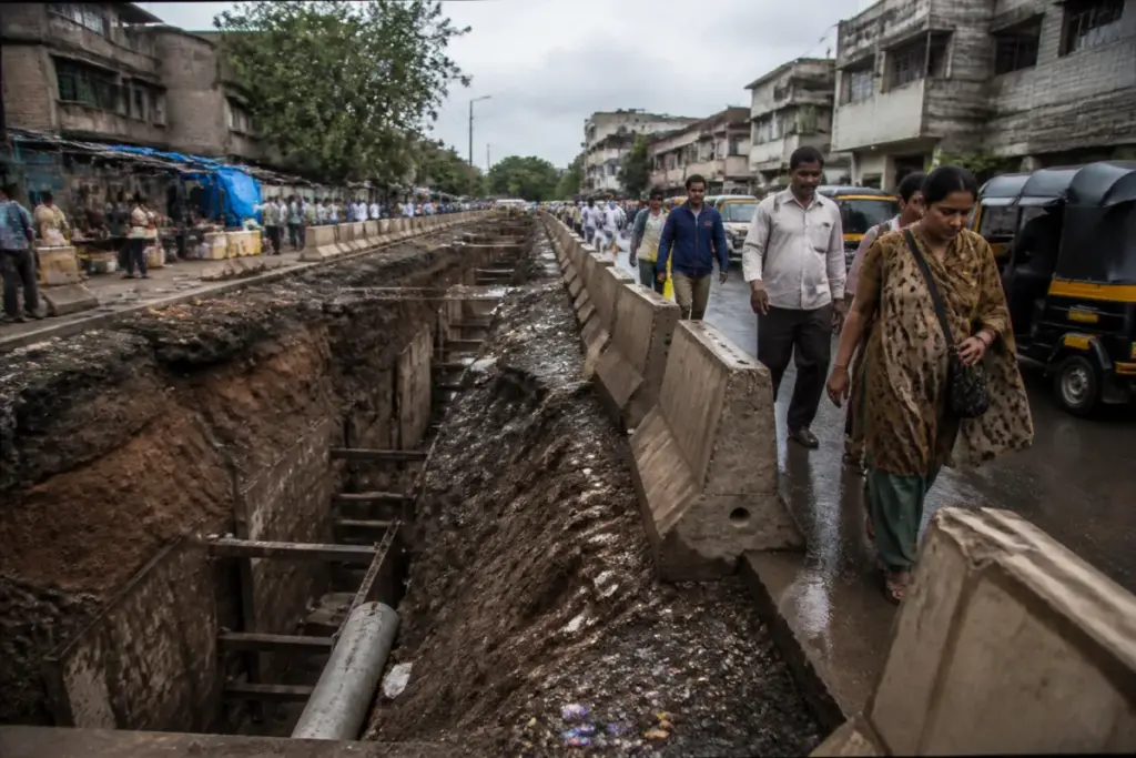 Pune drainage pit near a road and market area in Yerawada