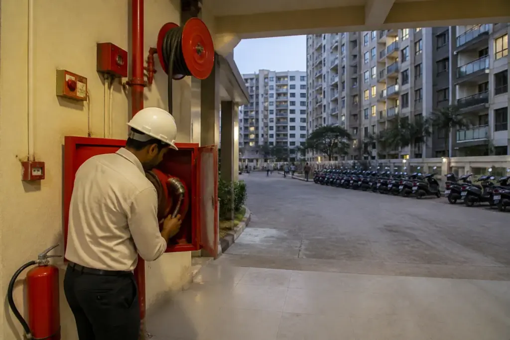Pune society fire safety equipment in a residential housing complex in Pisoli