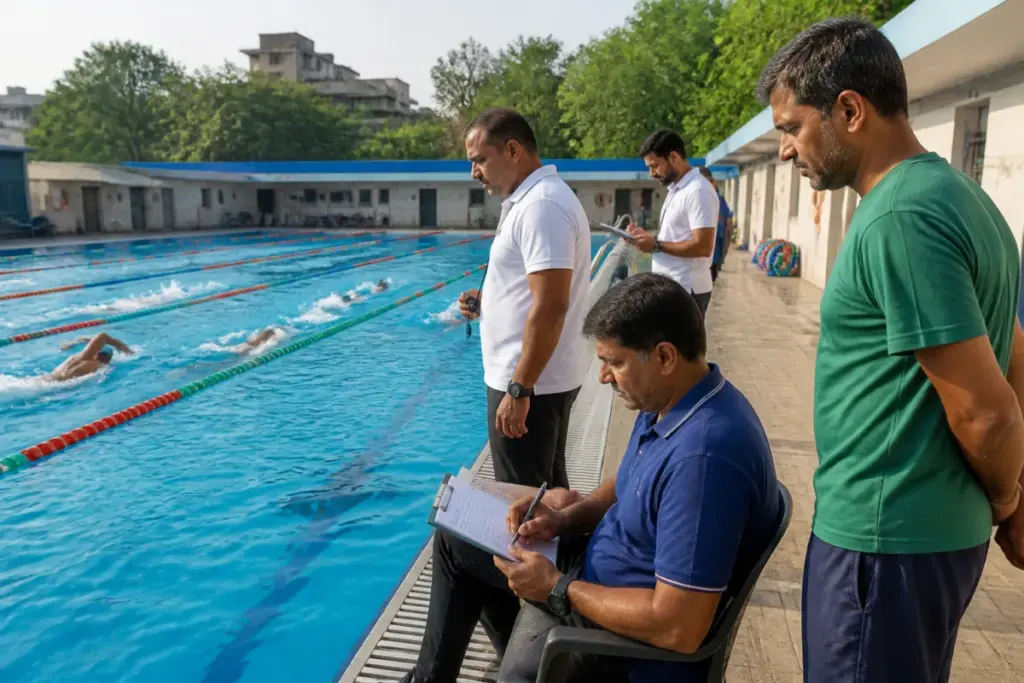 Ahmedabad swimming coaches at a municipal pool under new fitness certificate rules
