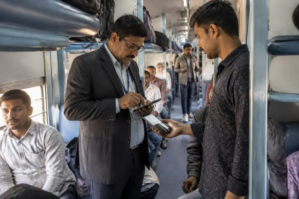 Railway ticket inspector checking mobile tickets on the Veraval-Jabalpur Express
