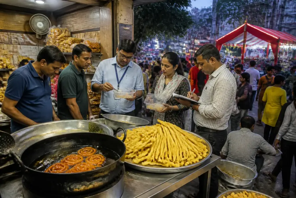 Ahmedabad fafda jalebi checks at a festival-season farsan shop