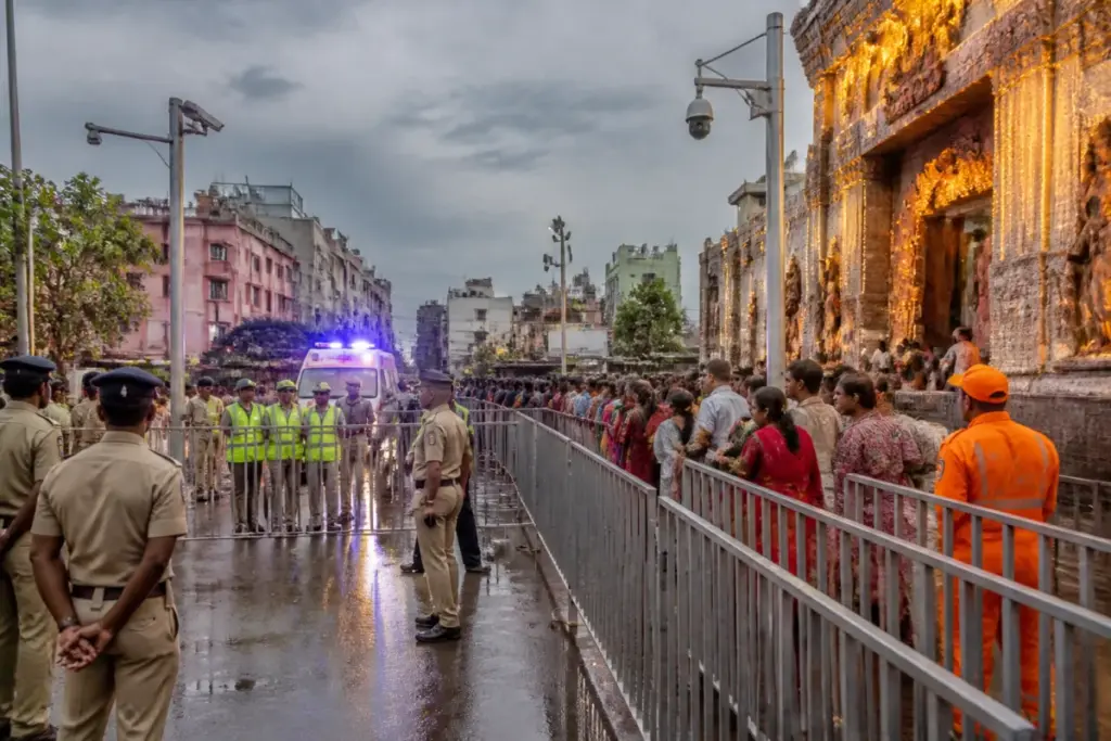Durga Puja crowd management in Bhubaneswar with police and volunteers regulating devotees at a pandal