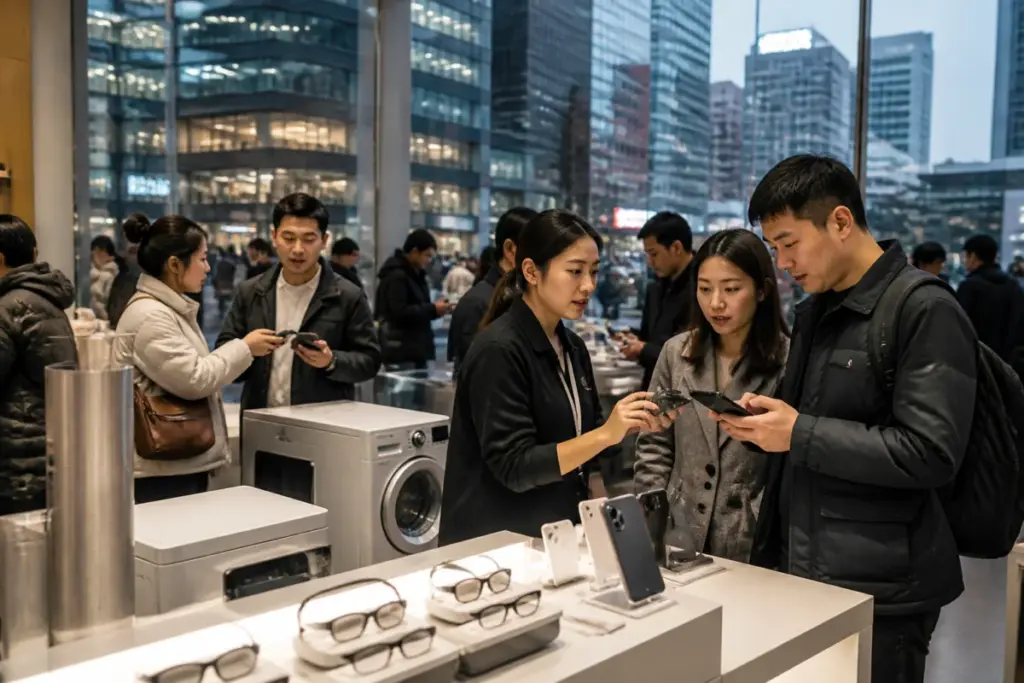 China consumer subsidies displayed at an electronics store in an urban shopping district