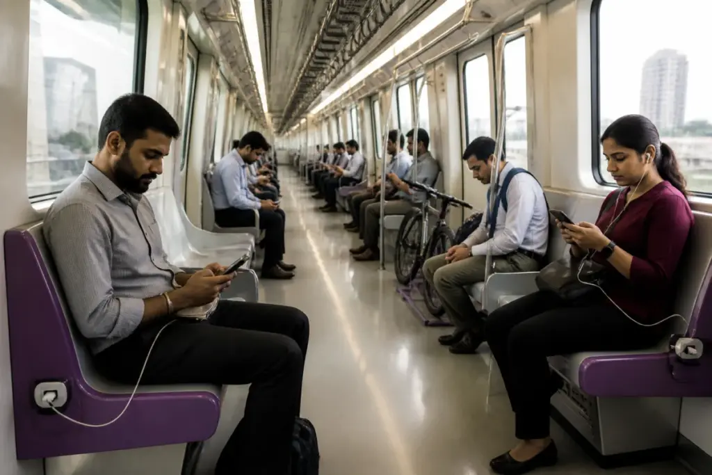 Mumbai Metro Line 4 train with passenger charging facilities inside the coach
