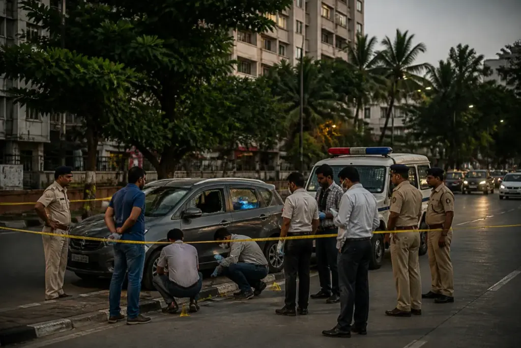 Mumbai Crime Branch officers investigating the Juhu firing case near a city road