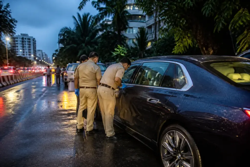 Mumbai shooting investigation near Juhu with police examining a road after a reported car attack