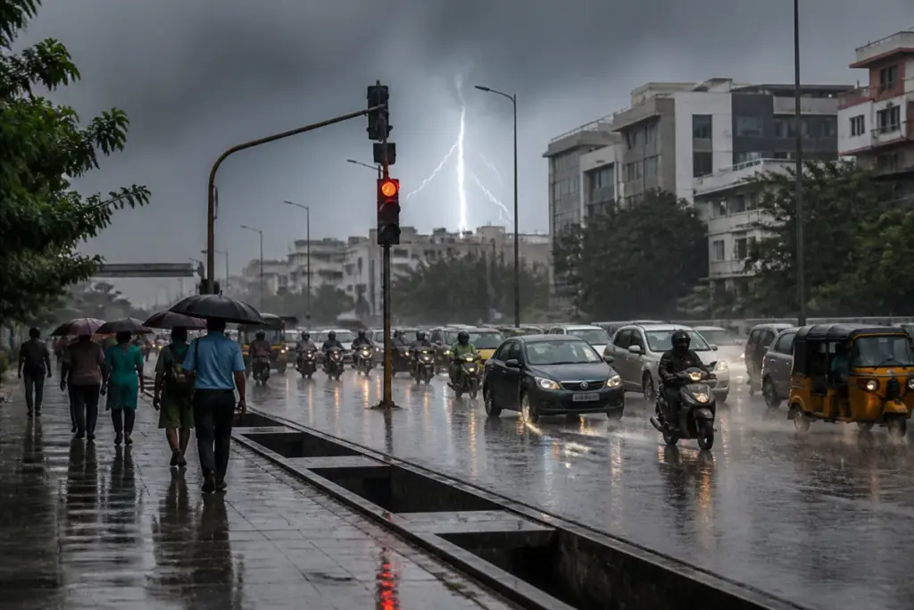 Tamil Nadu rain alert as dark storm clouds gather over a Chennai street